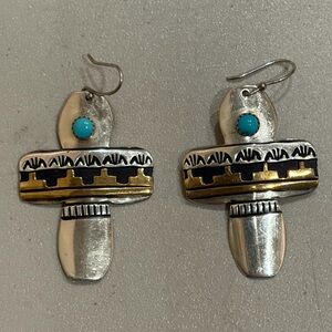 T&R Singer Silver and Gold Dangle Earrings with Turquoise Accent cross design